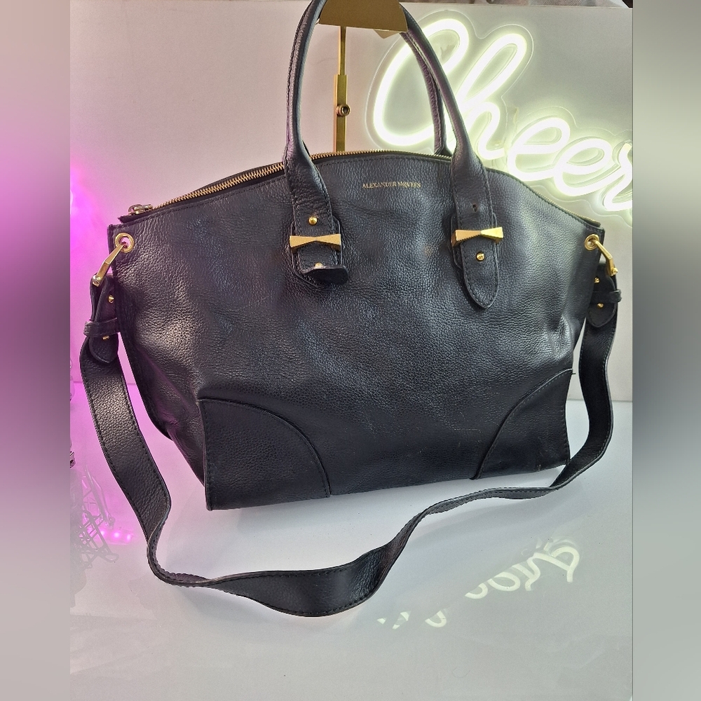 Alexander McQueen Black Leather Satchel with Gold Hardware
